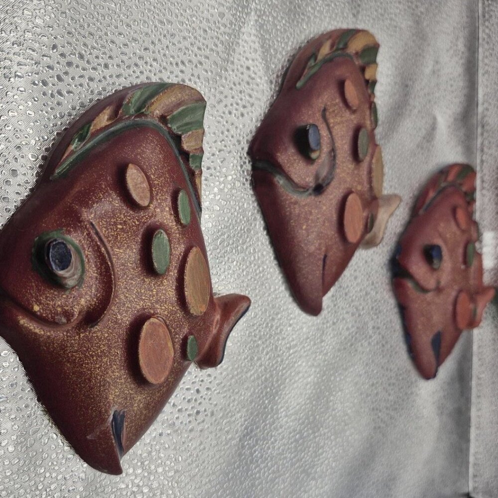 RARE Fish Family Chalkware Set 3 MCM Decor Dark Red Maroon Gold Shimmer Vintage